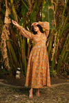 Saffron – Mustard Floral Hand Printed Cotton Kantha Maxi Dress with Side Slit