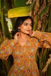 Saffron – Mustard Floral Hand Printed Cotton Kantha Maxi Dress with Side Slit