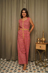 Mia – Pink Booti Hand Printed Cotton Sleeveless Jumpsuit with Pockets
