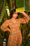 Saffron – Mustard Floral Hand Printed Cotton Kantha Maxi Dress with Side Slit