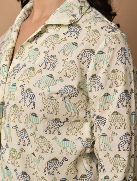 Block Print Off White shirt for women in unique Camel design