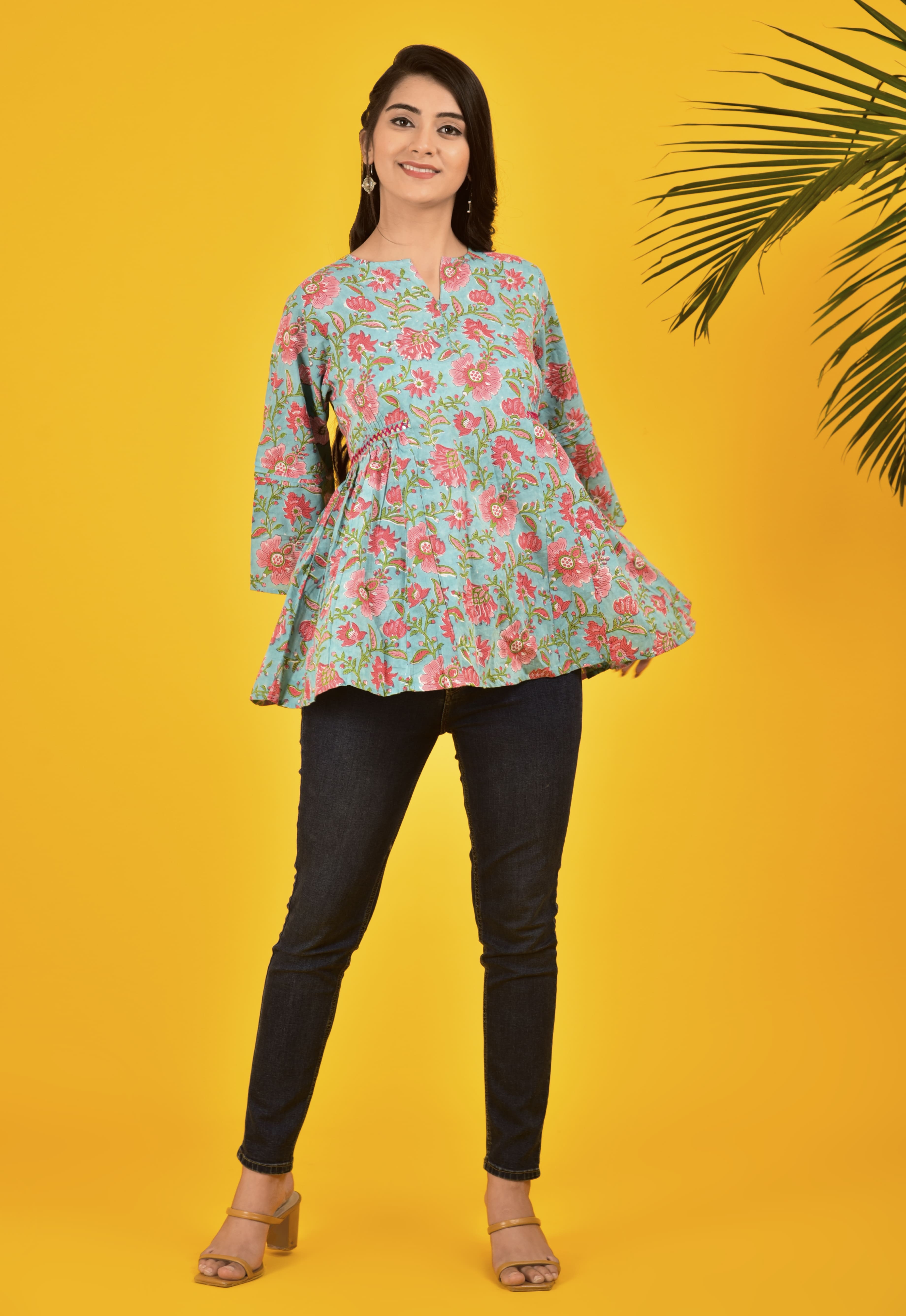 Block Print Sea Green _ Pink Floral Top