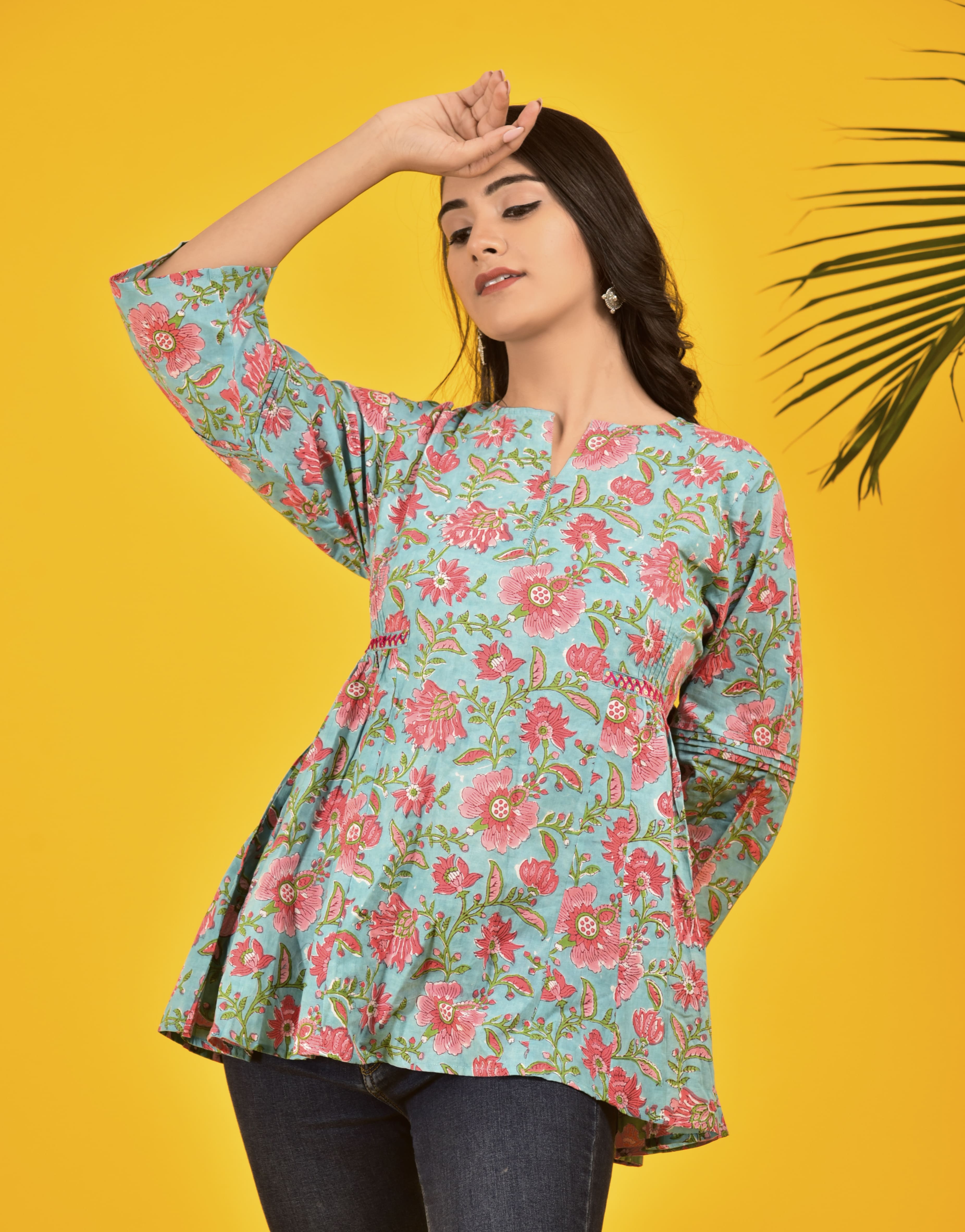 Block Print Sea Green _ Pink Floral Top