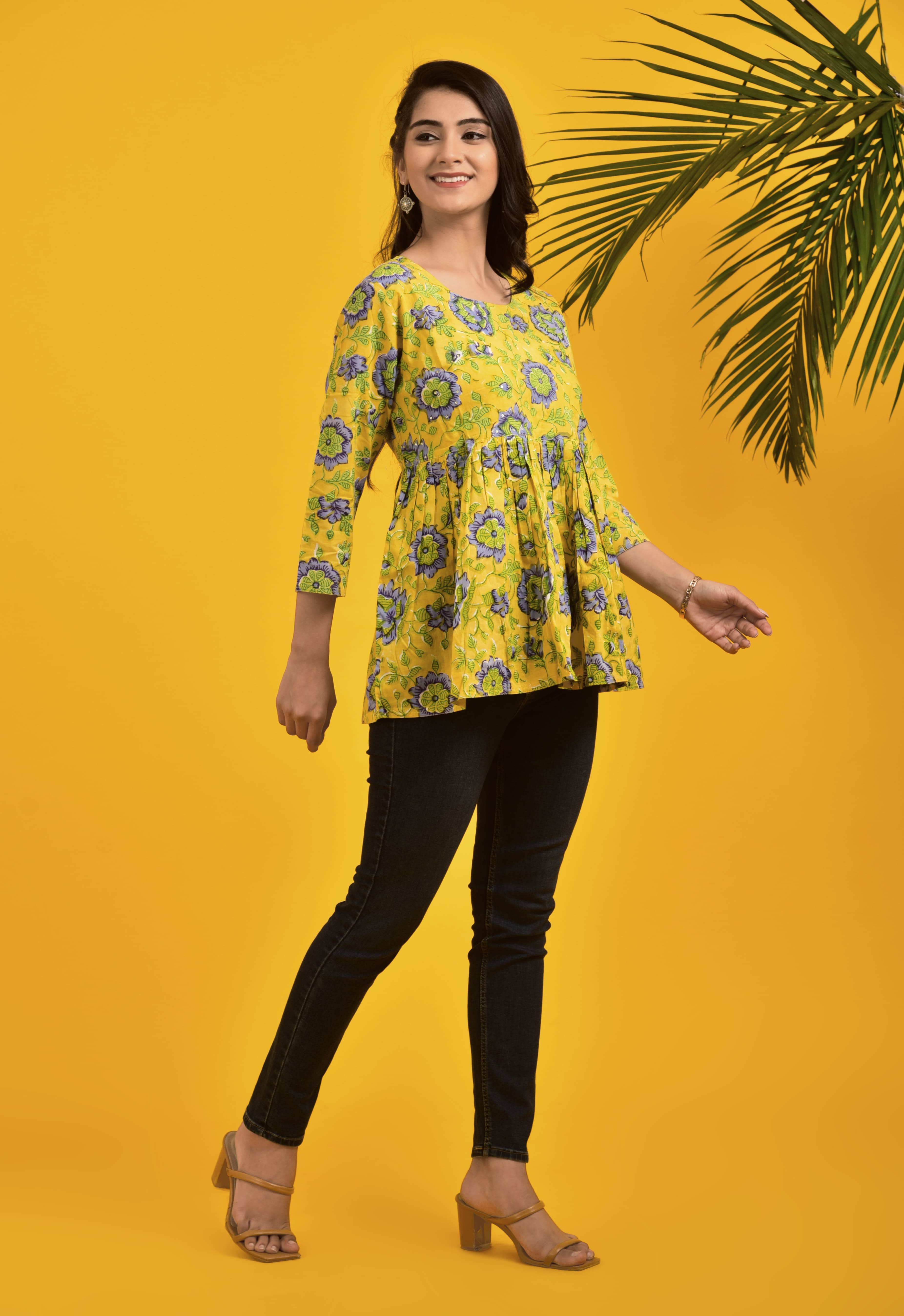 Block Print Yellow _ Blue Floral Top