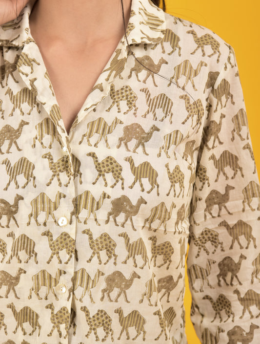 Block Print off White shirt for women in unique Camel design