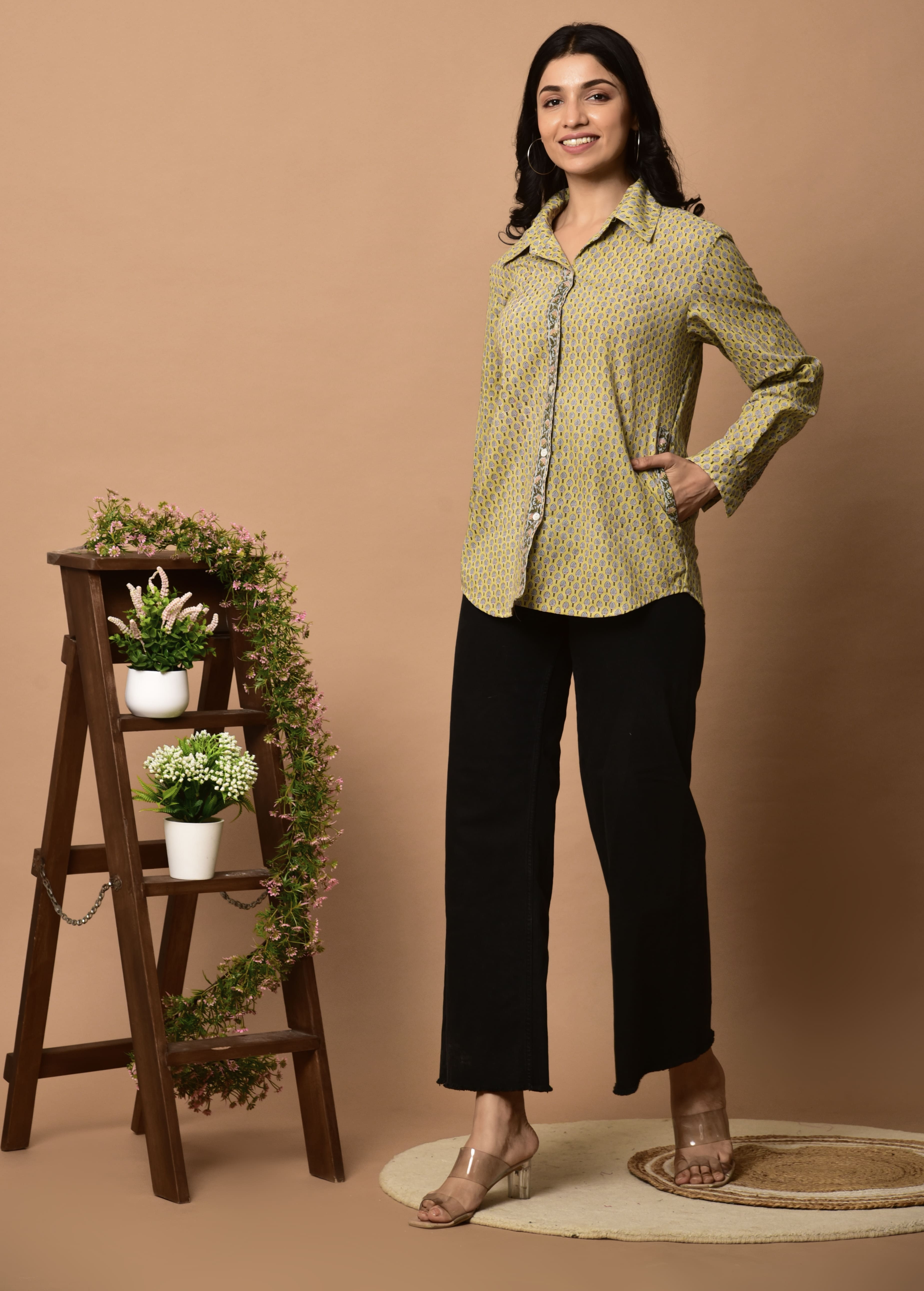 Block Print shirt for women with Tiny Floral design _ pockets