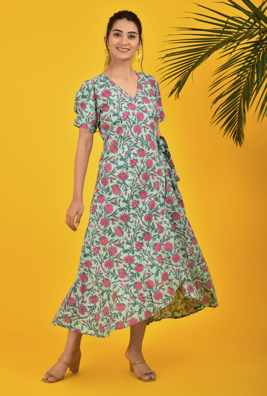 Floral Teal Green Frill Dress