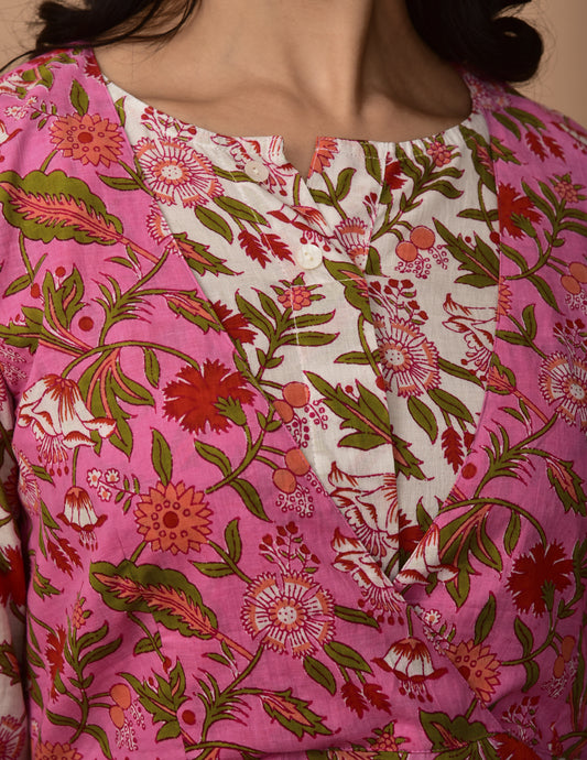 Pink Floral printed dress with White Floral top Two in One