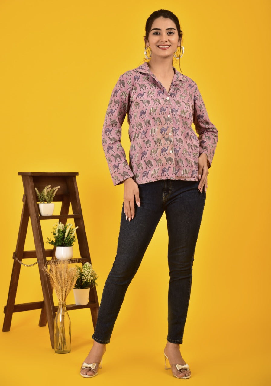 Block Print Pink shirt for women in unique Camel design