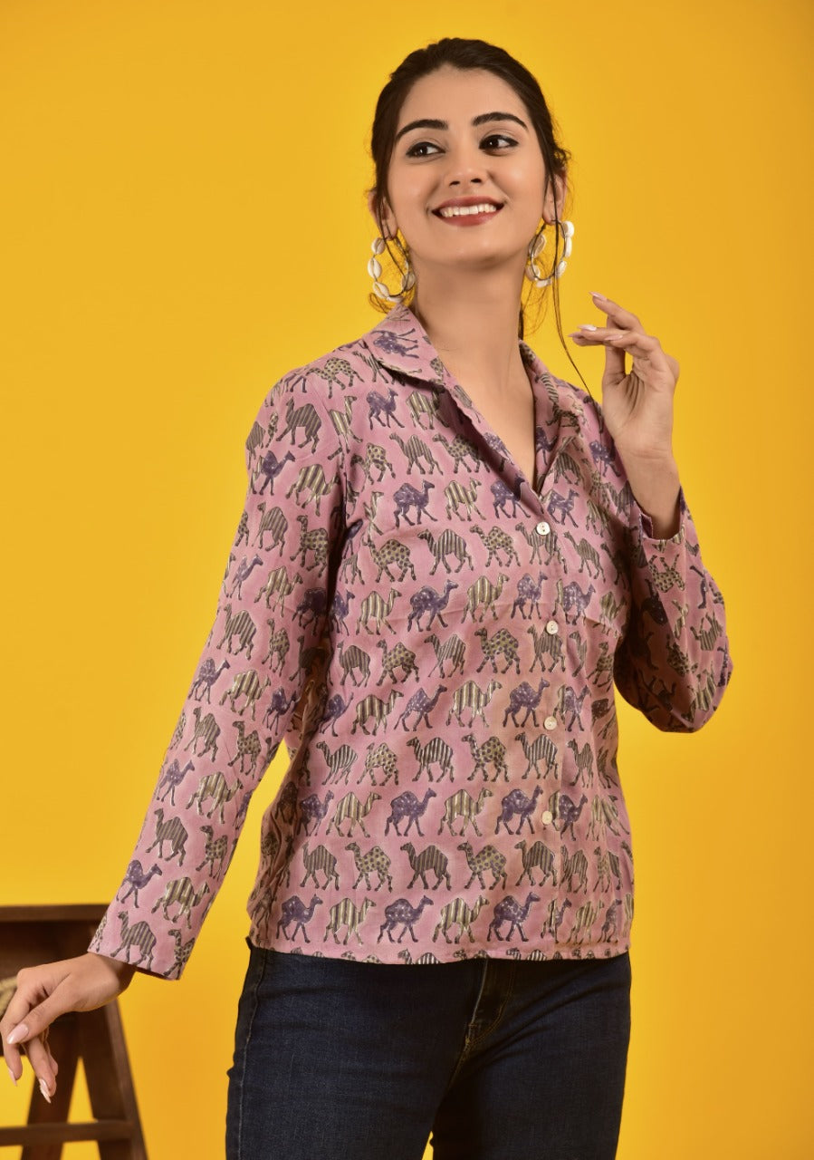 Block Print Pink shirt for women in unique Camel design