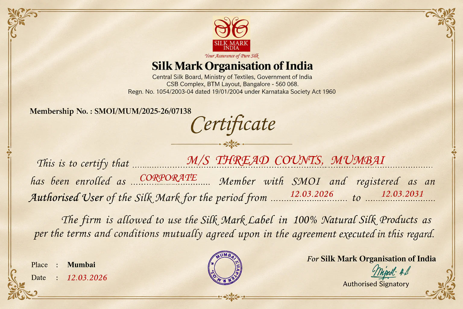 Silk Mark certificate for THREAD COUNTS, Mumbai